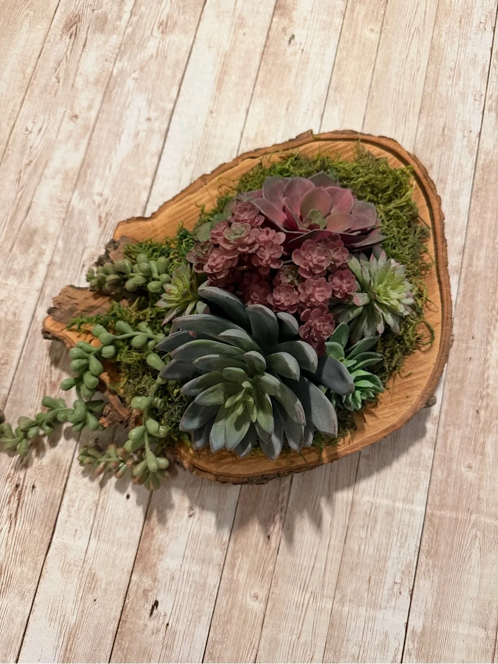 Faux Succulent Centerpiece in Green and Burgundy